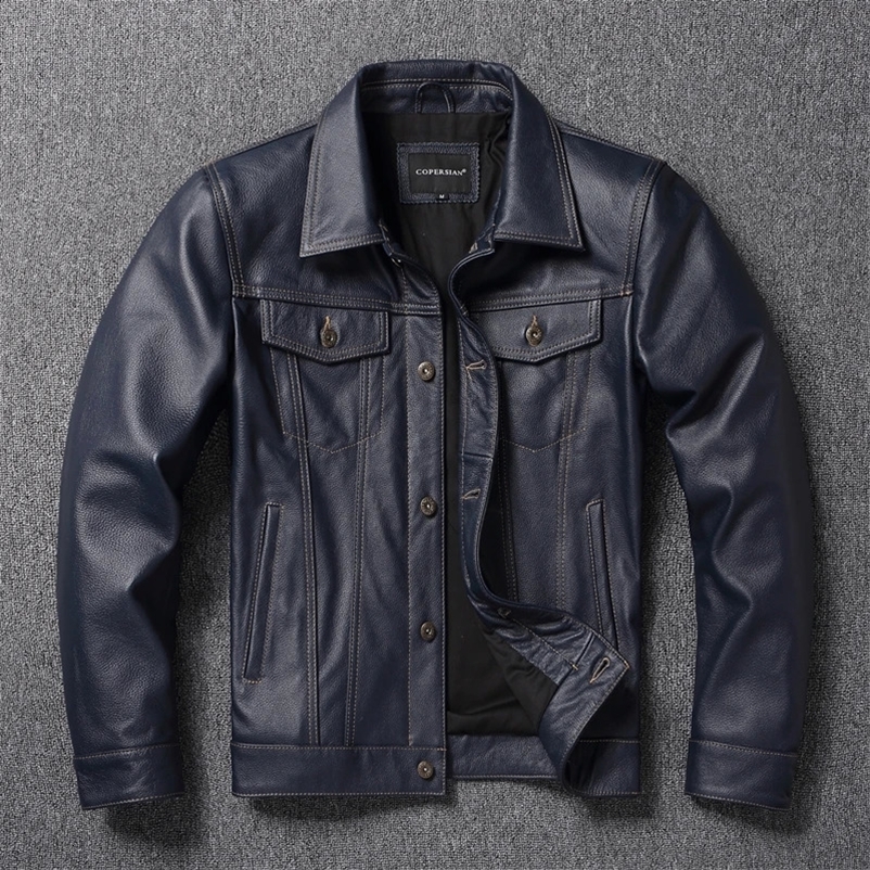 Y2K classic casual slim fit genuine leather coat.quality men fashion cowhide jacket.Young 557 style Denim 240809
