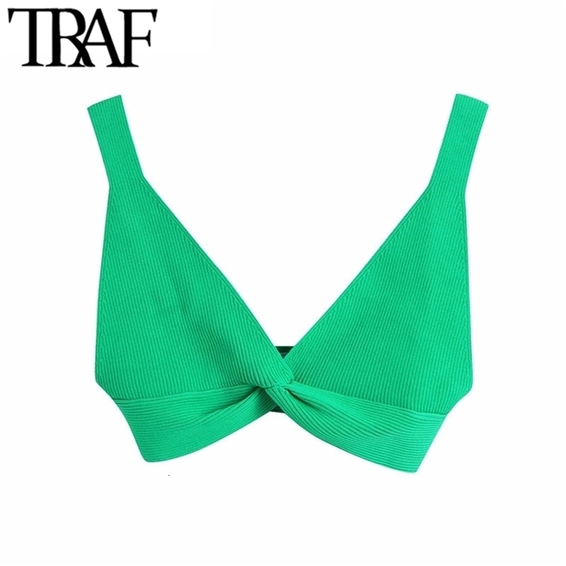 TRAF Women Fashion Ribbed Knit Crop Tank Tops Vintage V Neck Wide Straps Female Camis Mujer 210625