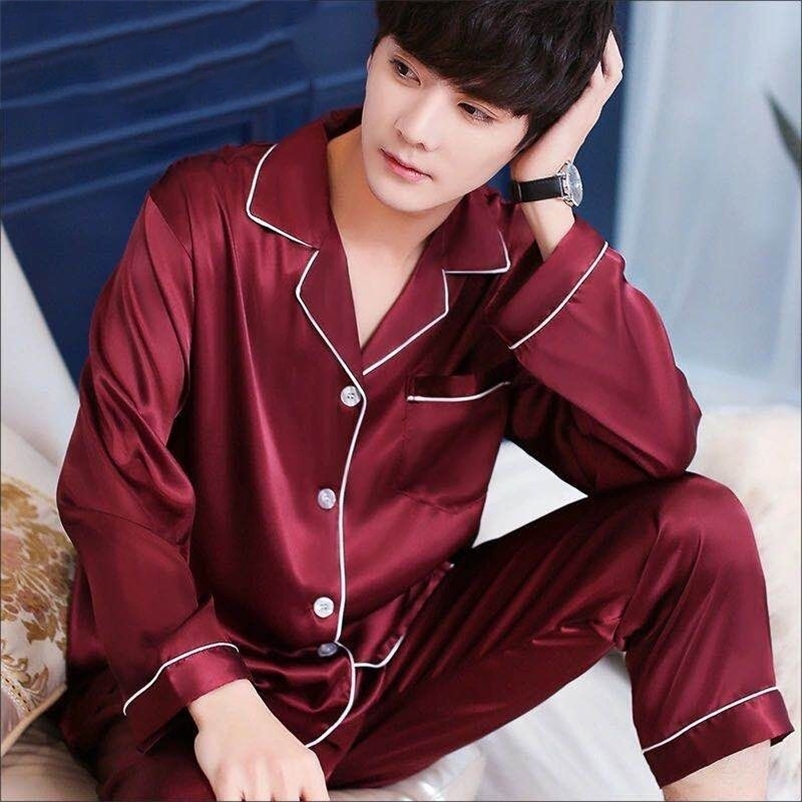 Men's Sleepwear Men's Stain Silk Pajama Set Men Silk Sleepwear Men Sexy Modern Style Soft Cozy Satin Nightgown Men Sets 230317