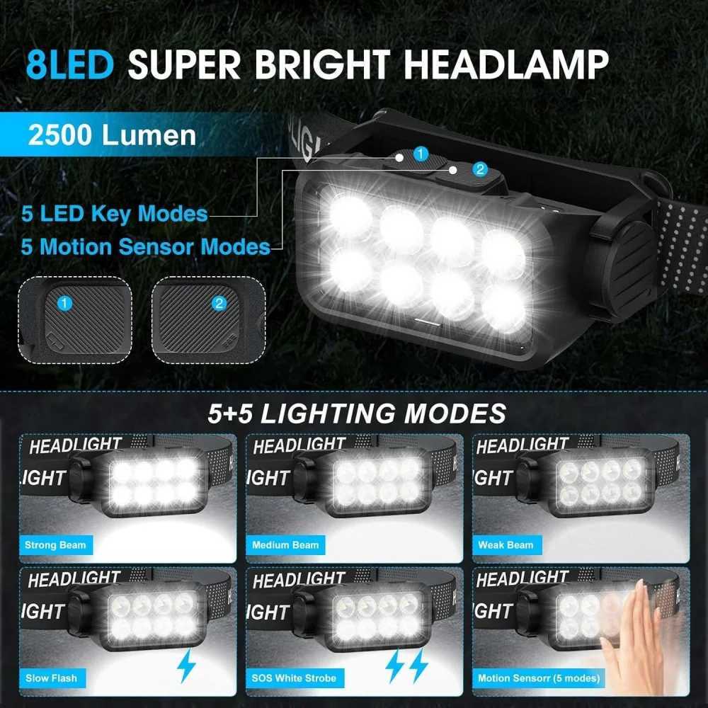 Motion Sensor Rechargeable Headlight Flashlight 8 LED Ultra Bright Headlights Fishing Headlamp Led Forehead Head Lamp Flashlighs J250925