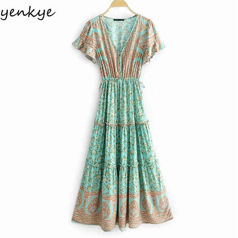 YENKYE Floral Print Holiday Summer Boho Dress Women V Neck Short Sleeve Drawstring Waist A-line Casual Long Maxi Dress Vestido 210515