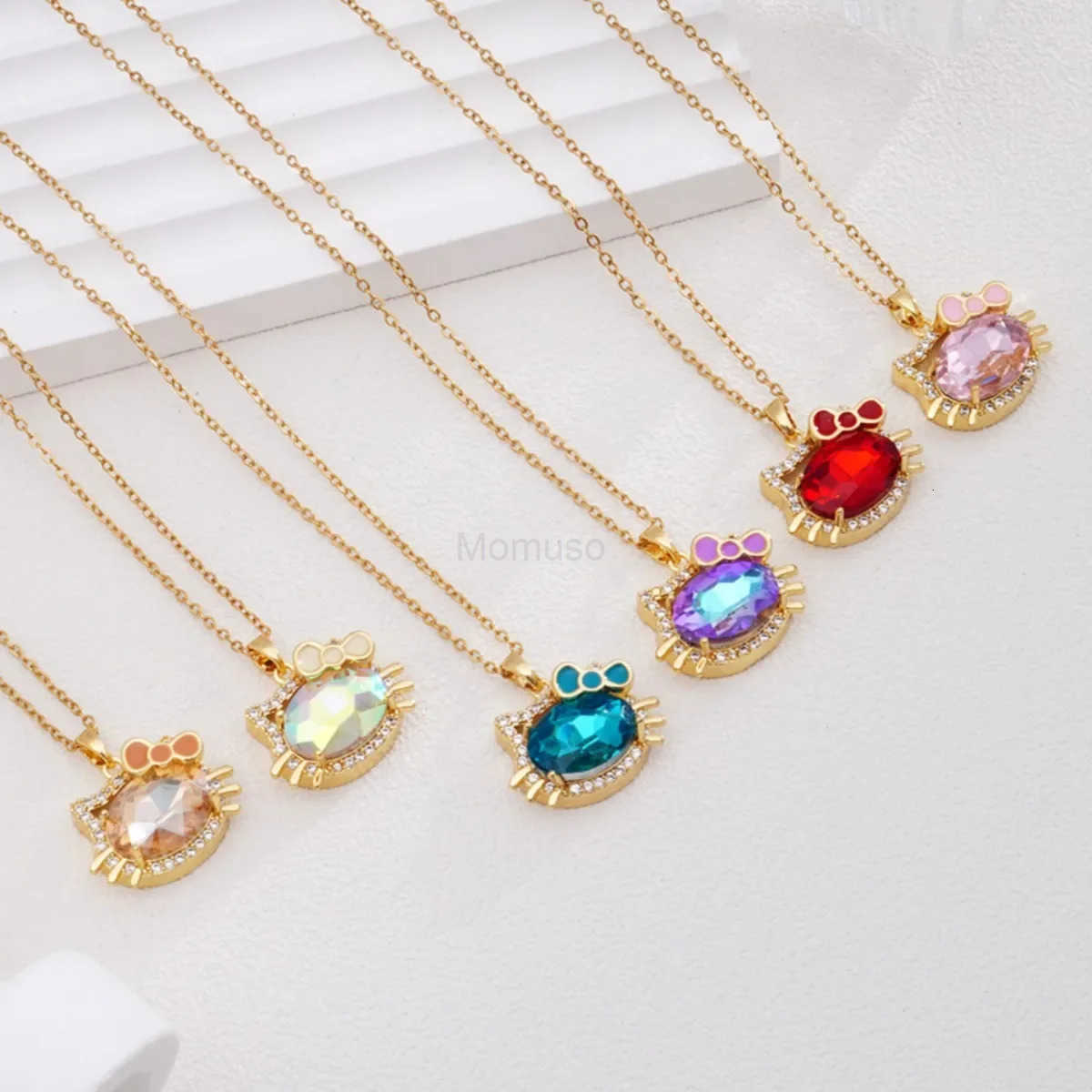 Sanrio Stainless Steel Chain Cute Colorful Crystal Hello Kitty Pendant Necklaces for Women Girls Gold Color Jewelry Accessories Gifts L250925