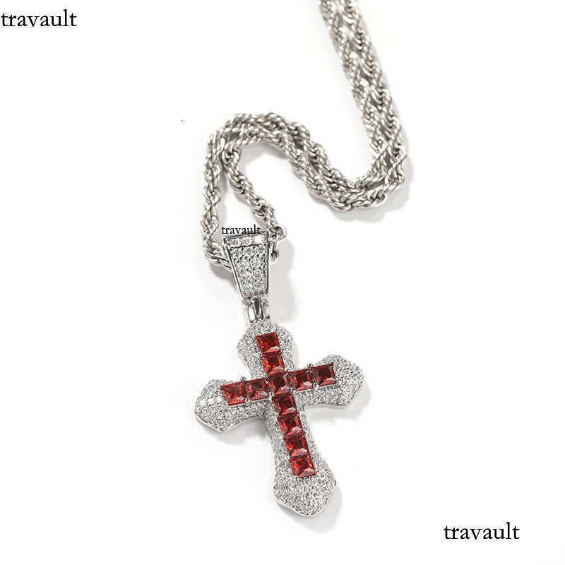Blue Red Zircon Cross Fashion Mens Gold Necklace Hip Hop Iced Out Pendant Necklaces Jewelry