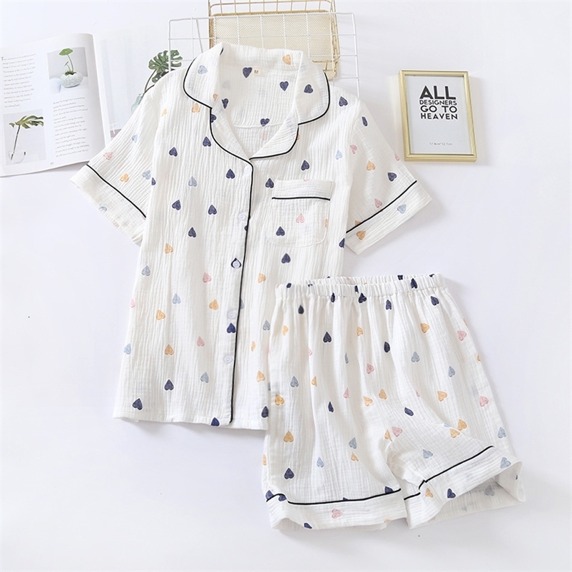 Women's Sleepwear Japanese summer ladies cotton gauze short sleeve shorts pajamas suit cute heart-shaped thin section home service suit woman 230