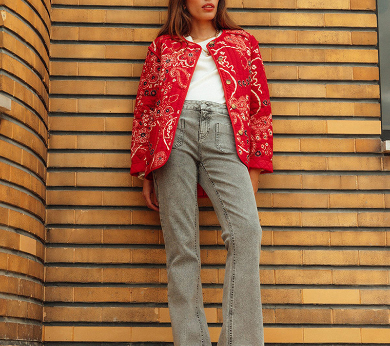 Plus Size Winter Clothing Women's New Patchwork Printed Cotton Coat O-Neck Long Sleeve Pocket Short Jacket for Women