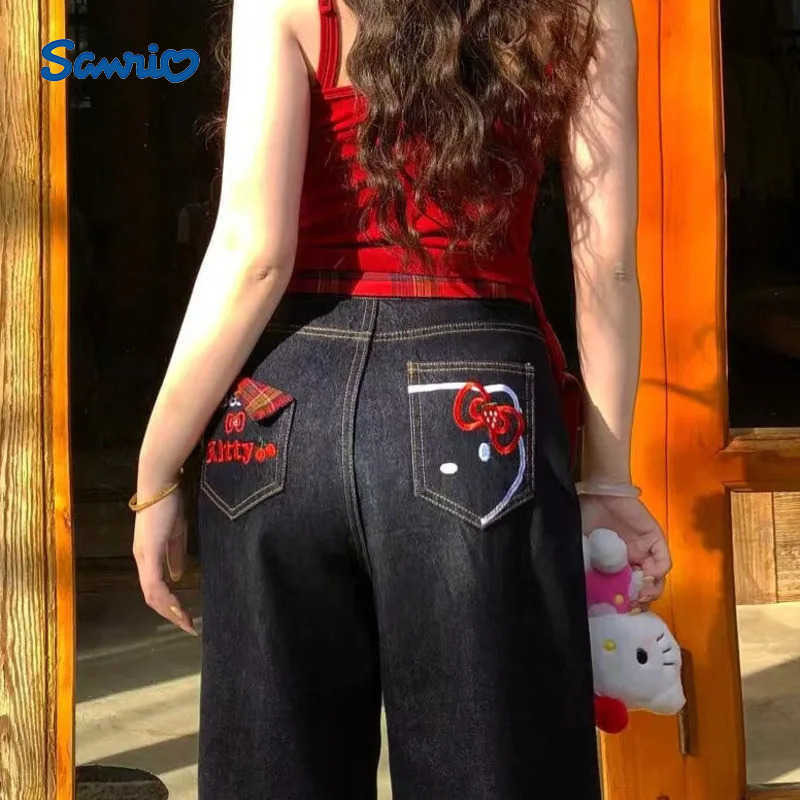 Sanrio New Cute Hello Kitty Embroidered Jeans Y2k Womens Trendy Red Checkered Splicing Slim Fit Straight Long Pants Clothes L250925
