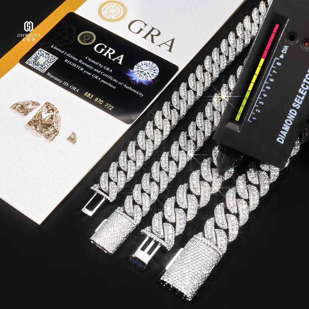 Best Price 14mm18mm Two Rows Moon Shape Ice Out Cuban Chain S925 Silver VVS Moissanite Chain Men Rapper Hiphop Necklace