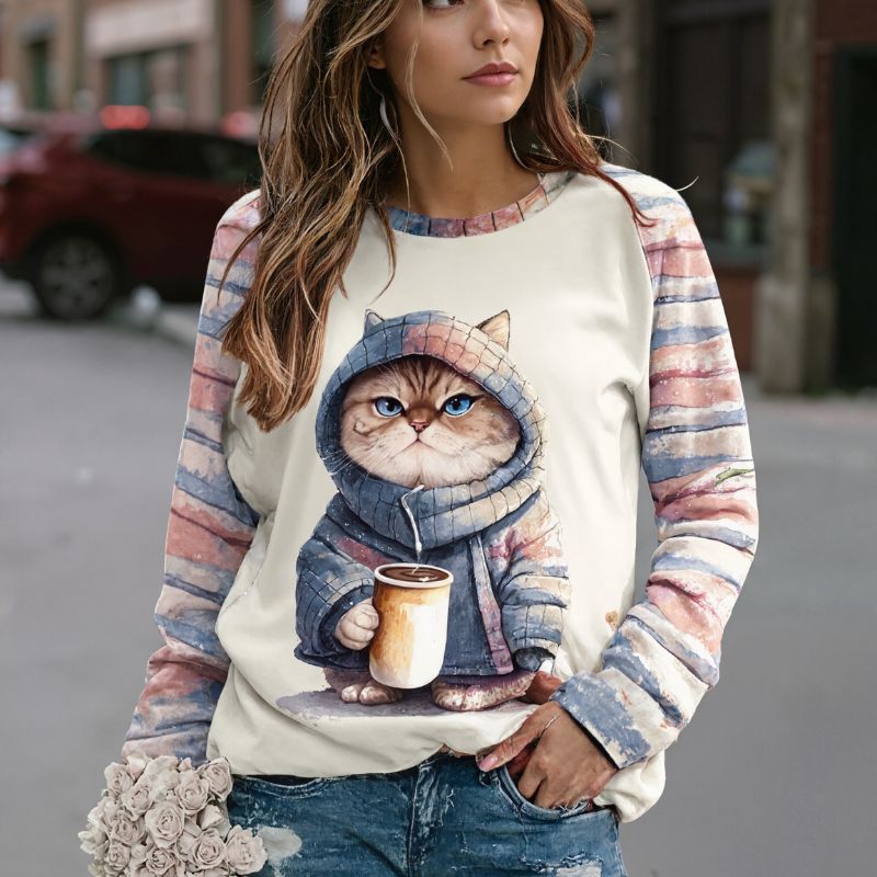 Women's Autumn Winter Cute Cat Printed Long - Sleeve T - Shirt, Fashion Casual Milk Silk Top-CF23792