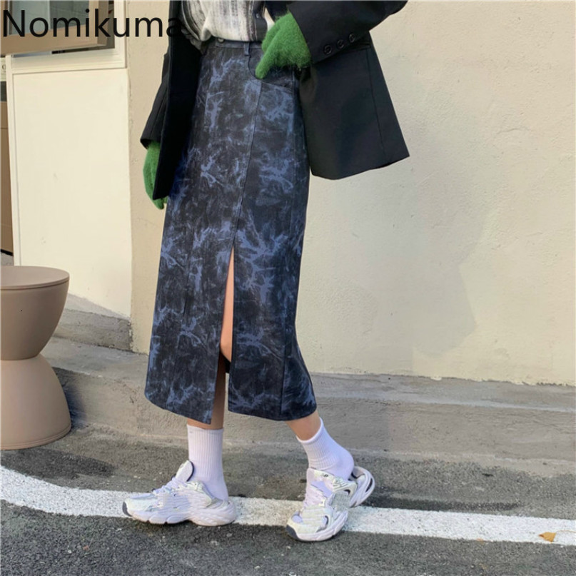 Nomikuma Korean Tie Dye Women Skirt Causal Hitgh Waist Split A-line Skirts Autumn Winter New Fashion Causal Faldas Mujer 6D700 210427