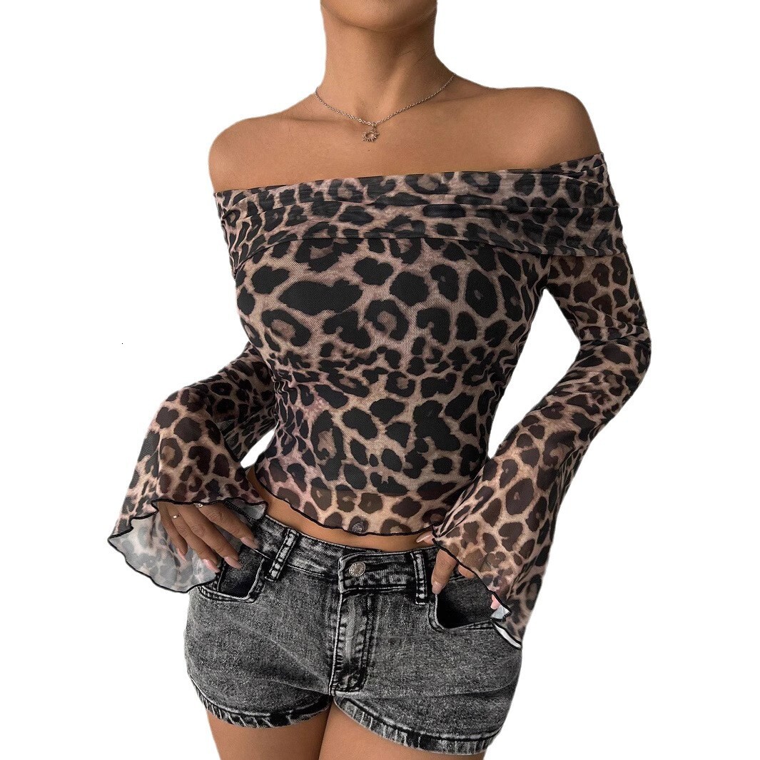 Fashion Spring Autumn Winter Women's Off-Shoulder Long Sleeve T-Shirt Leopard Print Top Sexy Hot Girl