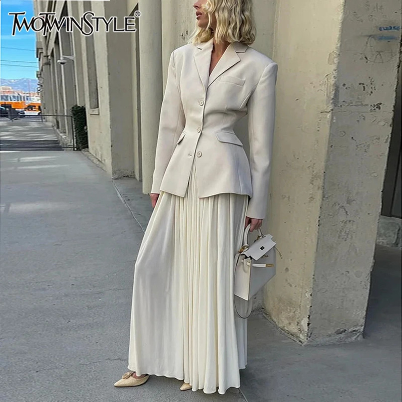 TWOTWINSTYLE Solid Chic Two Pieces Sets For Women Lapel Long Sleeve Blazer High Waist Spliced Pleasted Skirt Elegant Set Female 240727
