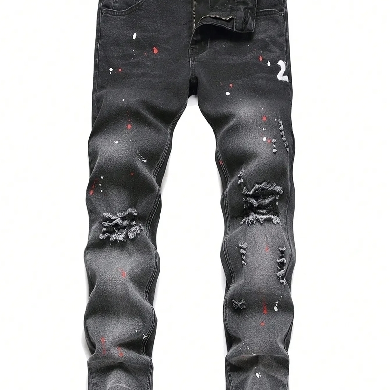 Men Black Skinny Denim Spot Jeans Male Ripped Stretch Fit Jeans Men Slim Trousers Fit Long Jeans Pants Streetwear Casual Jeans 240319