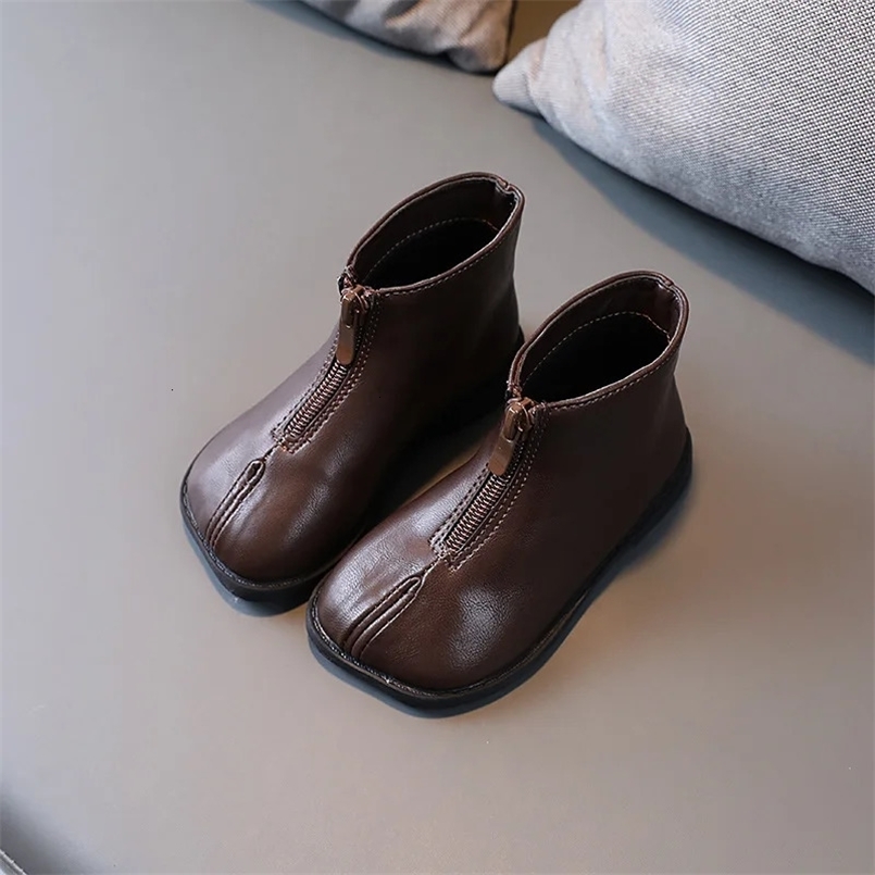 Leather Little Girls Boots Autumn Winter Childrens Shoes Square Toe Zip Fashion Kids Toddler Boots 241014