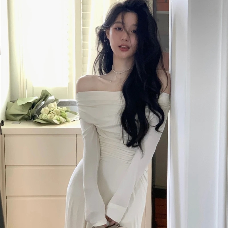 Elegant White Knit Dress Midi Dresses for Women Autumn Off Shoulder Long Sleeve Pleated Slim Evening Party Female Clothing 240319