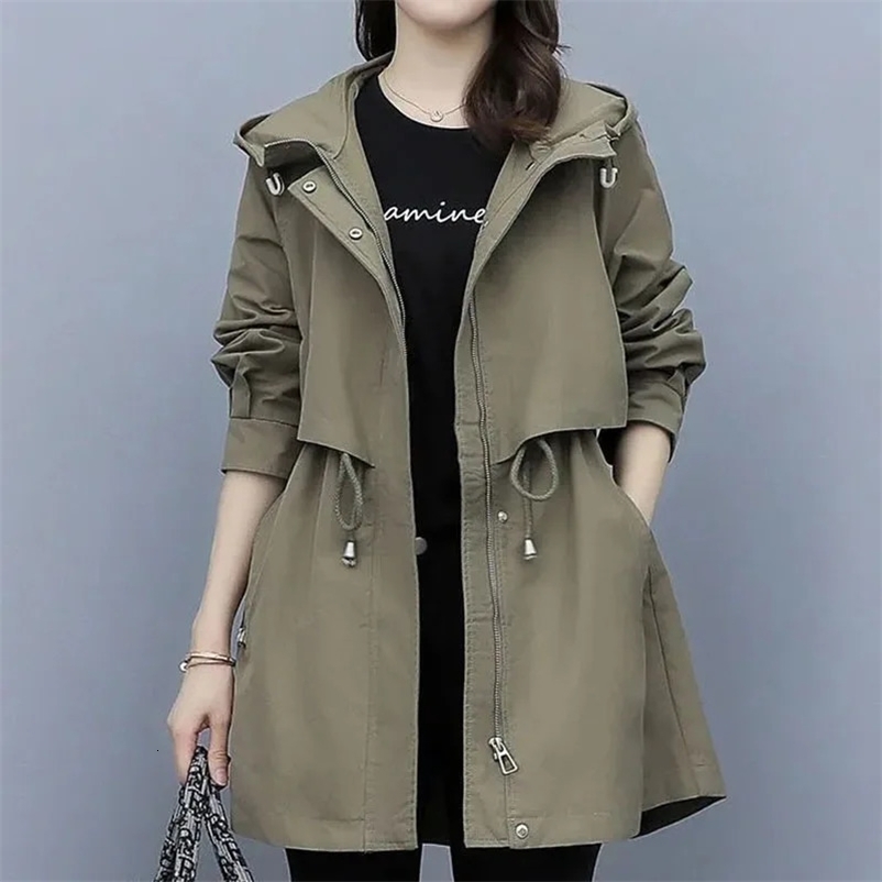 Women Autumn Hooded Trench Coat Fashion Drawcord Loose Pocket Solid Jacket Korean Office Lady Mid Length Casual Outerwear 240703