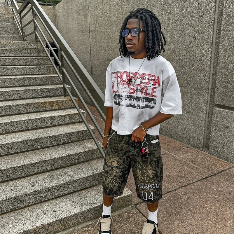 Distressed Oversized T-shirt Y2K Harajuku Punk Alphabet Printed Short Sleeve Mens Hip Hop Trendy Casual Top 250317