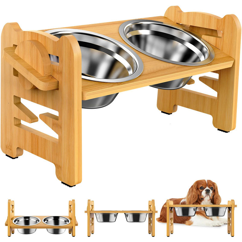 Stainless steel dog bowl with bamboo frame adjustable tilt lift for puppies cats food bowl and pet feeder accessories 250414