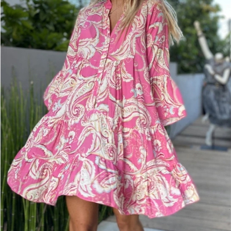 Casual Dresses Summer Green Beach Dress for Women Flare Sleeve V Neck Floral Print Dresses A Line Bohemian Birthday Dress for Women Sexy 230505