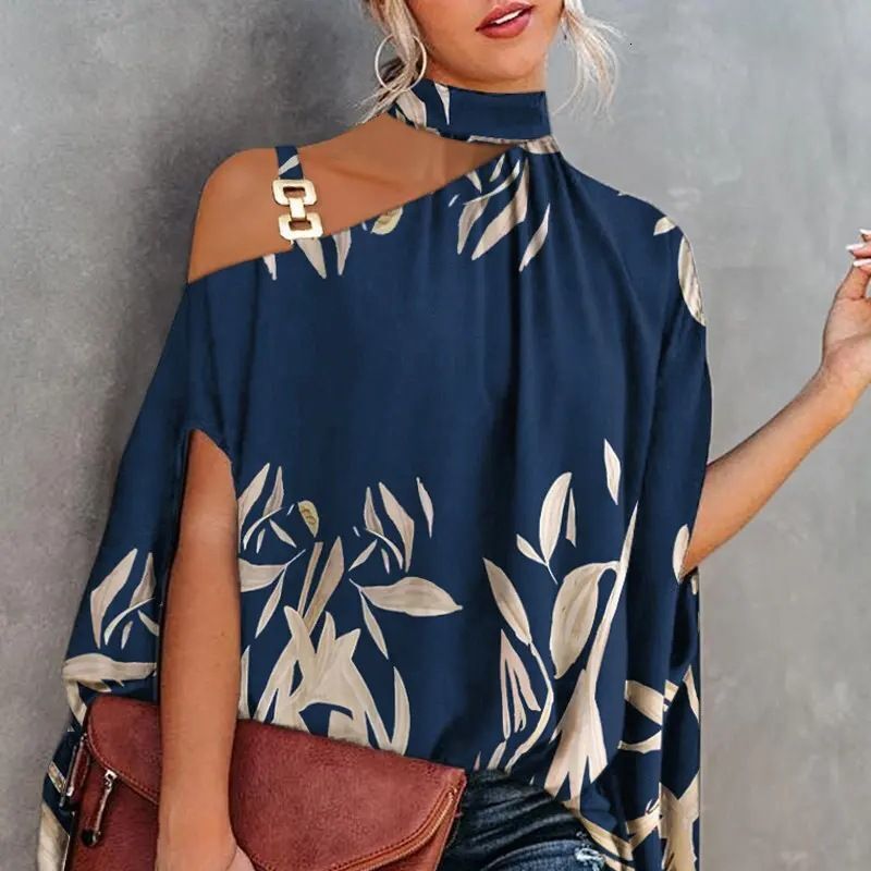 2024 Summer Loose Women's Clothing Halter Neck Shawl Printed Short Sleeve Batwing Shirt Commuting