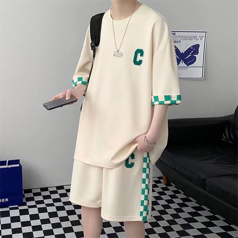 Men's Tracksuits Men's T-Shirt Shorts 2-Piece Set White Tracksuit Korean of Harajuku High Street Clothing Creative Pattern Men's Short 