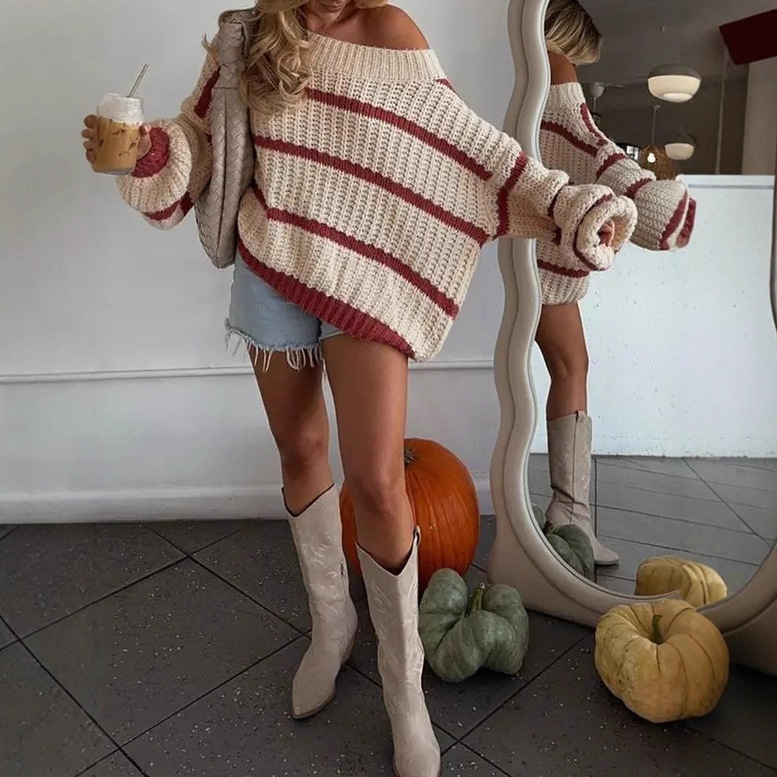 Autumn Winter Casual Striped Lantern Sleeve Off-Shoulder Knitted Sweater Fashion Loose Top for Women