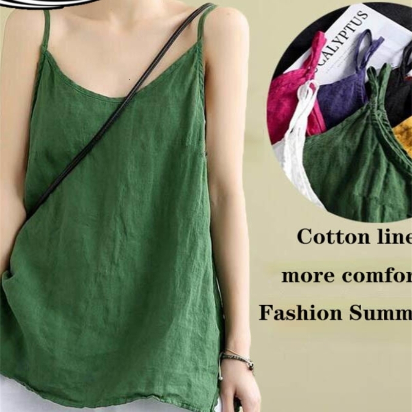 Camisoles Tanks Women's Tops 100% Cotton Linen Loose V Neck Tank Tops Sleeveless Casual Linens Solid Fashion Camis Women Summer Camisole 230518