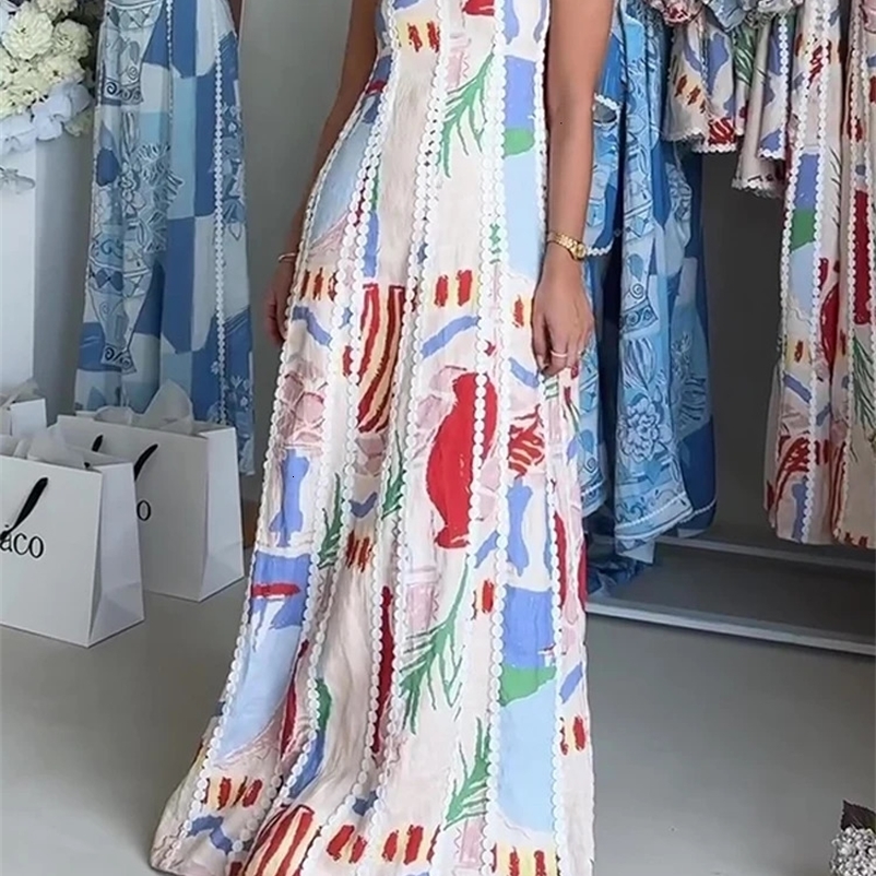 Fashion Linen Long Dresses Women Elegant Patchwork Printed Backless Strapless Dress Vacation Summer Street Robes 240703