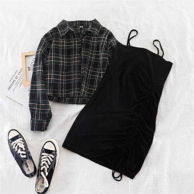 Ins female two-piece suit early autumn plaid short shirt jacket + solid suspender skirt dress 210708