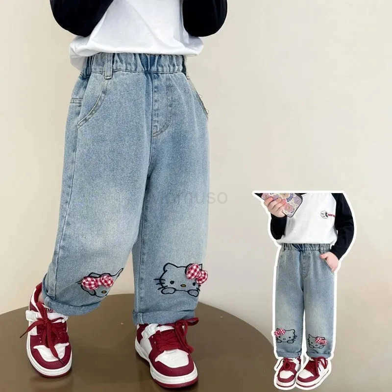 Sanrio Spring Autumn Children Cartoon Hello Kitty Denim Pants Baby Girls Loose Straight Jeans Kids Fashion Casual Trousers for 26Years L250925
