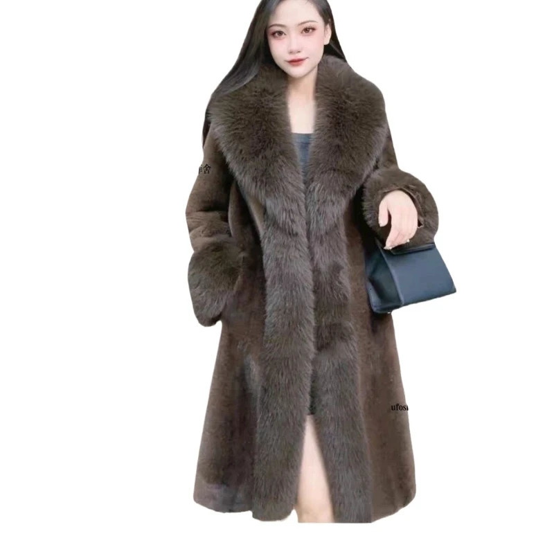 Faux Fur Coats Women Long Coat Thick Warm Turn Down Collar Open Stitch Spring Outerwear Jackets Elegant Splice Autumn Winter 250916Z