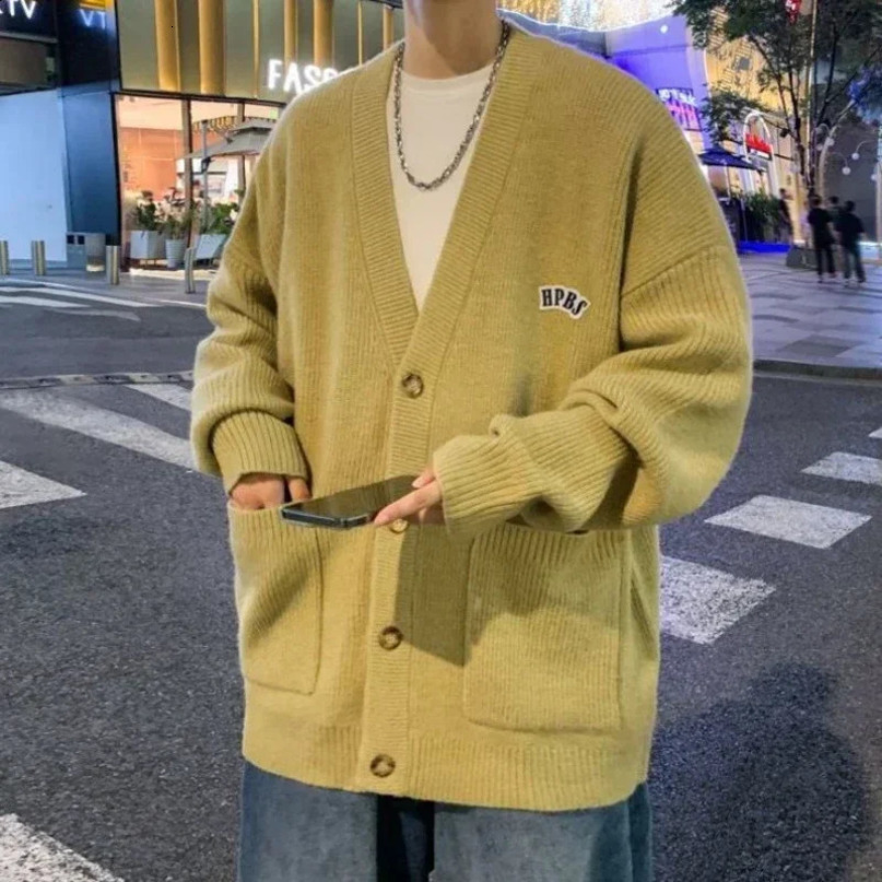 Mens clothing icon cardigan sweater mens Vneck brown pocket fit Korean autumn top 240826