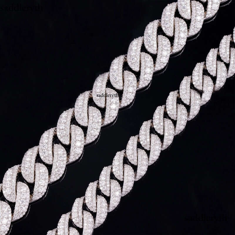 Handmade Jewelry 14mm 18mm 3row Hip Hop Necklace Sterg Sier with Round Brilliant Cut Moissanite Cuban Chain