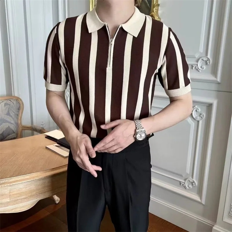 Korean retro summer short sleeved polo shirt mens collar striped personalized fashion simple splicing work zipper ice silk knitted top 241203