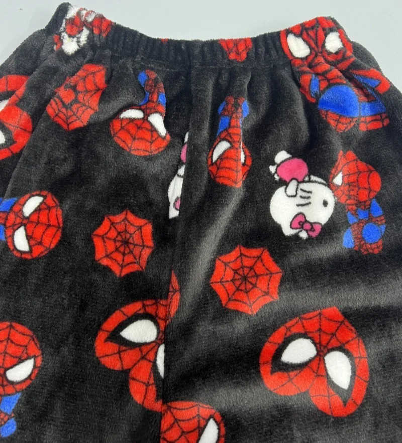 Sanrio 2024 New Y2K Hello Kitty SpiderMan Pajamas Pants Trousers Anime Cartoon Men and Women Flannel Loose Warm Home Pants L250925