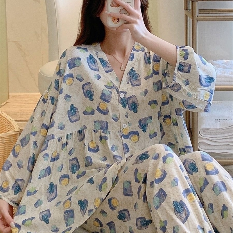 Women's Sleepwear 100% Cotton Floral Printed Ladies Kimono Style Pajamas Set Loose Thin V-Neck Three Quarte Sleeves 2Pcs Sleepwear Loose Homewear