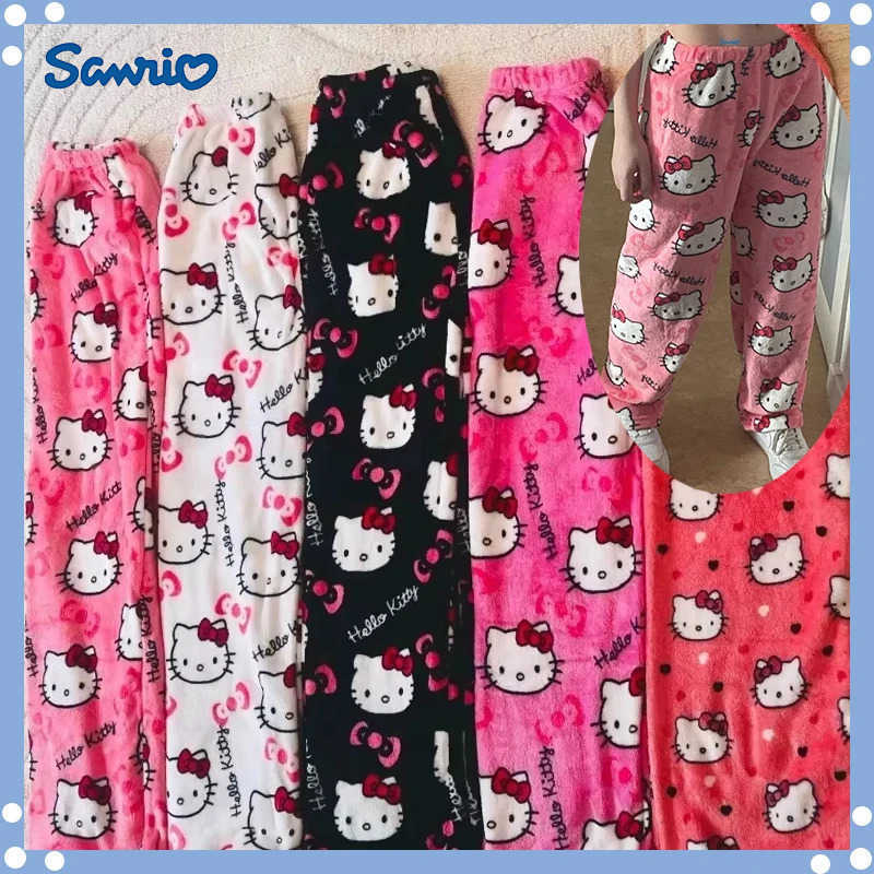 Sanrio Hello Kitty Flannel Pajamas Y2k Kawaii Anime WomenS Warm Woolen Cartoon Casual Home Pants Autumn Winter Fashion Trouser L250925