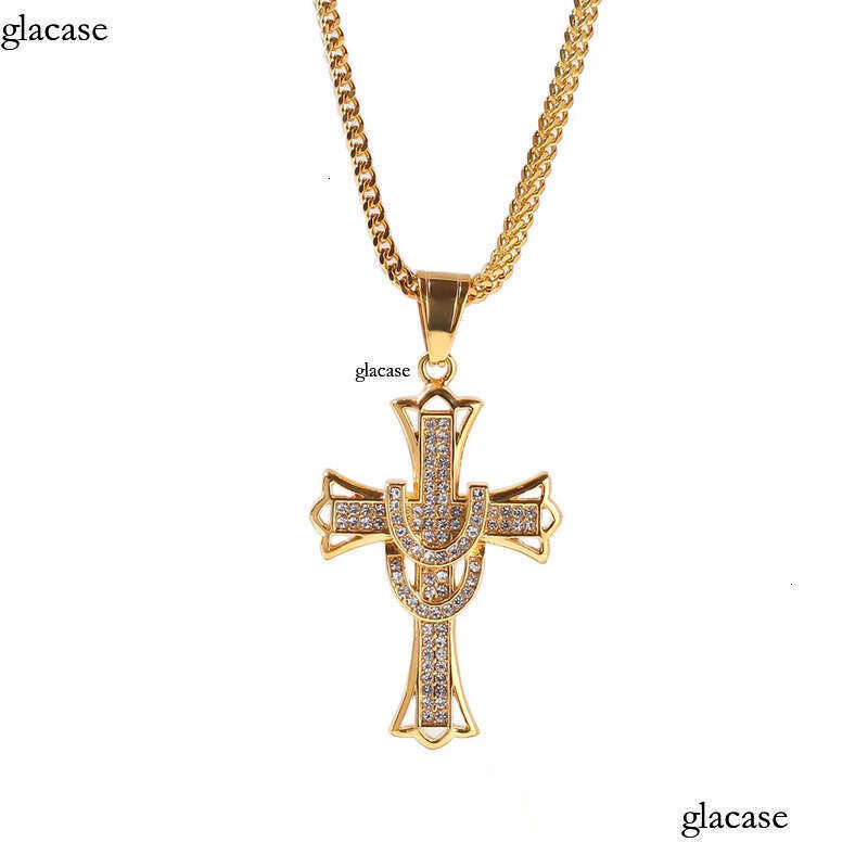 Shining Cross Pendants Necklace Stainless Steel Real Gold Plated Men Gift Religious Jewelry