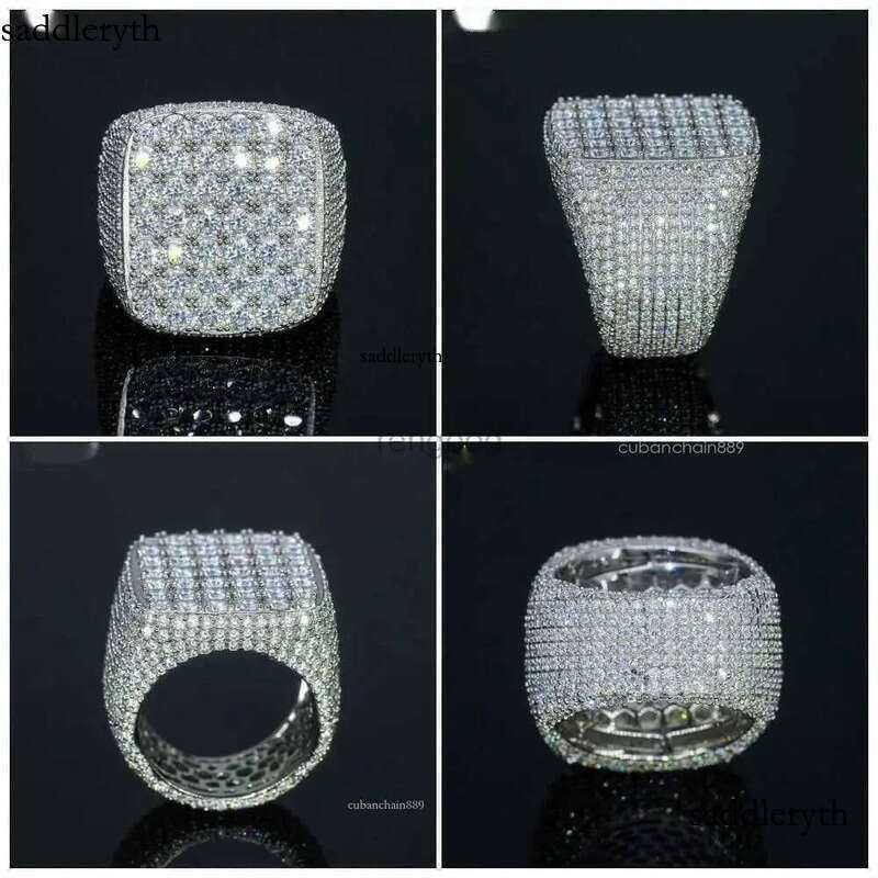 Fine jewelry iced out hip hop cuban gold plated sterling sier vvs moissanite dia ring for men 07