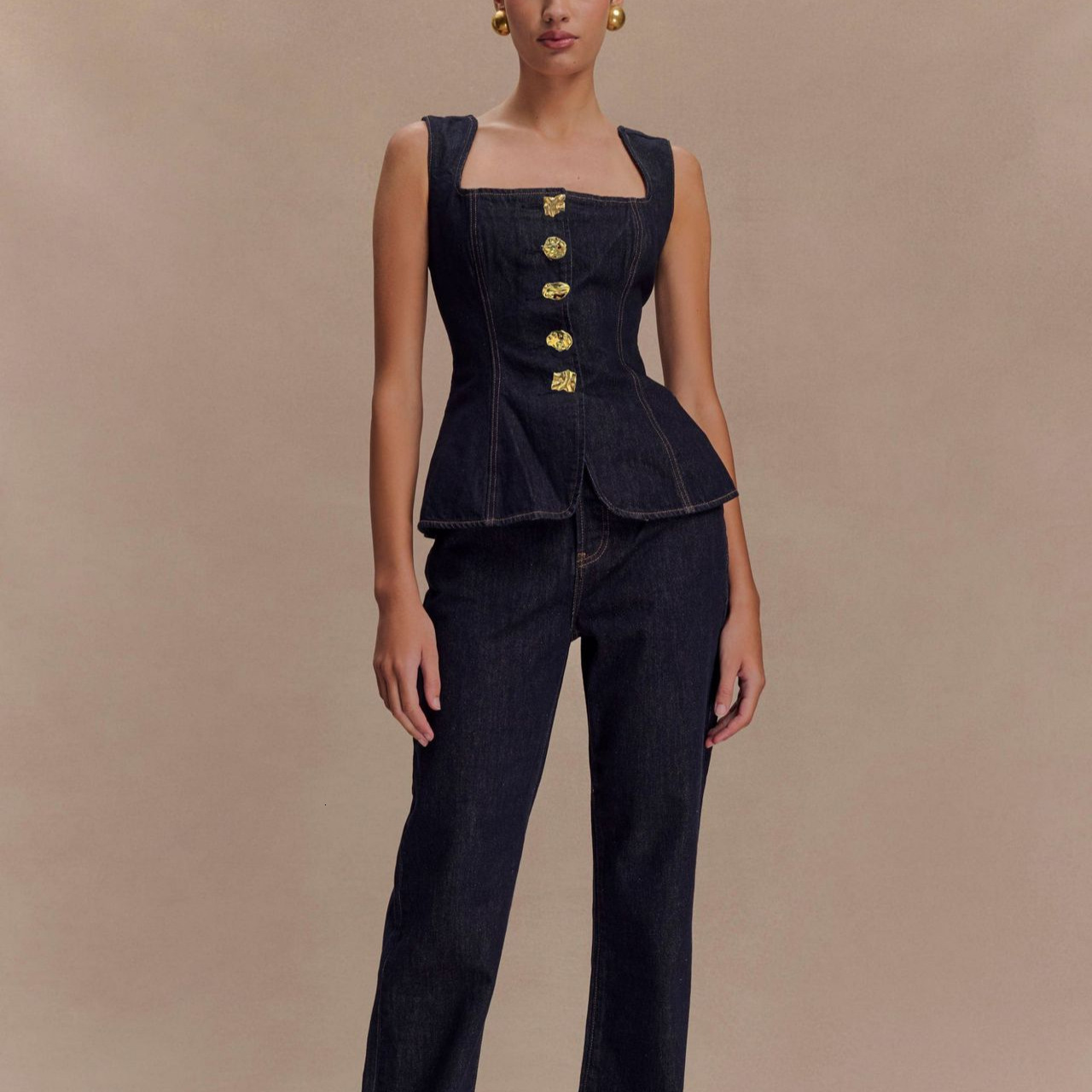 2025 Women's Fashion Modern Style Button High Waist Denim Top and Pants Set 30857