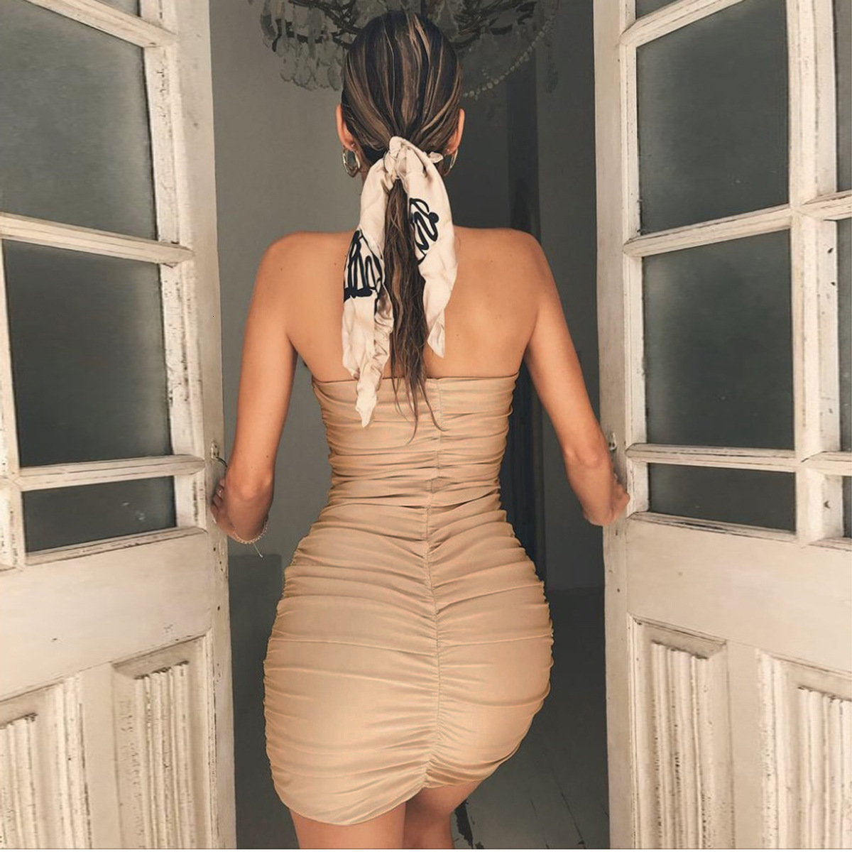 Spring Summer New 2024 Women's Sexy Tube Top Nightclub Ruched Bodycon Dress 8505