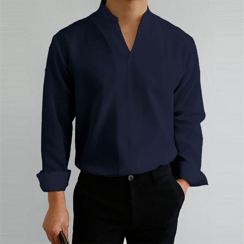 Men's Casual Shirts Men's solid color thin all matching long sleeved V-neck summer top daily clothing 230412
