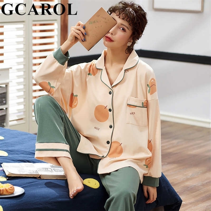 GCAROL Womensets 2 Pieces Cartoon Pajama Long Sleeve Lovely Pure Cotton Various Graffiti Printed Home Clothes Suit 3XL 4 Season 211007