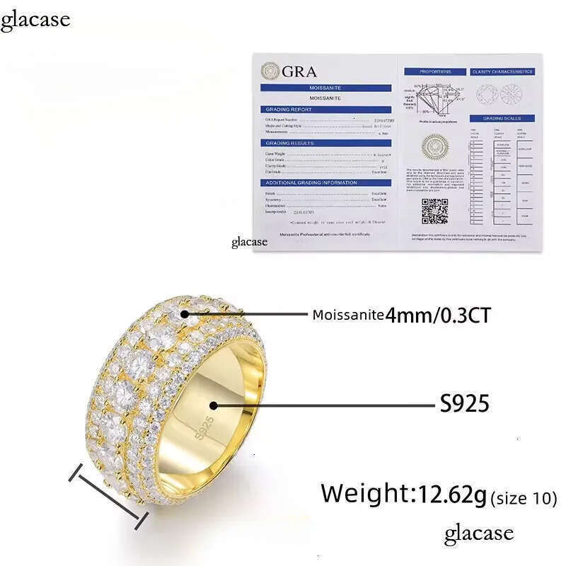 Hip Hop Iced Out Sier Pass Dia Tester 5 Rows VVS Moissanite GRA Rapper Dazzg Sparkly Eternity Band Ring For Men