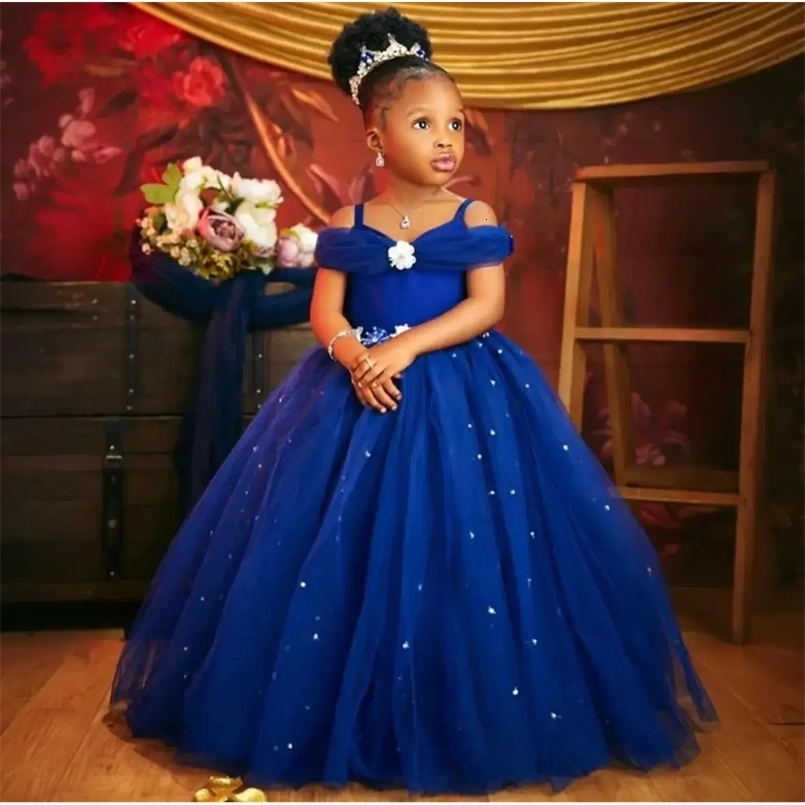 Princess Royal Blue Flower Girl Dresses For Wedding Beaded Tulle Toddler Girls Pageant Dress Kids Formal Wear 241014