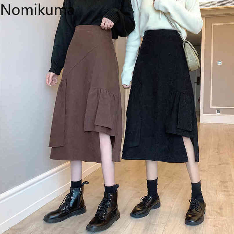 Nomikuma Irregular Ruffle Women Skirt Korean High Waist Causal Skirts Autumn Winter Bottoms New A-line Mujer Faldas 6D134 210427