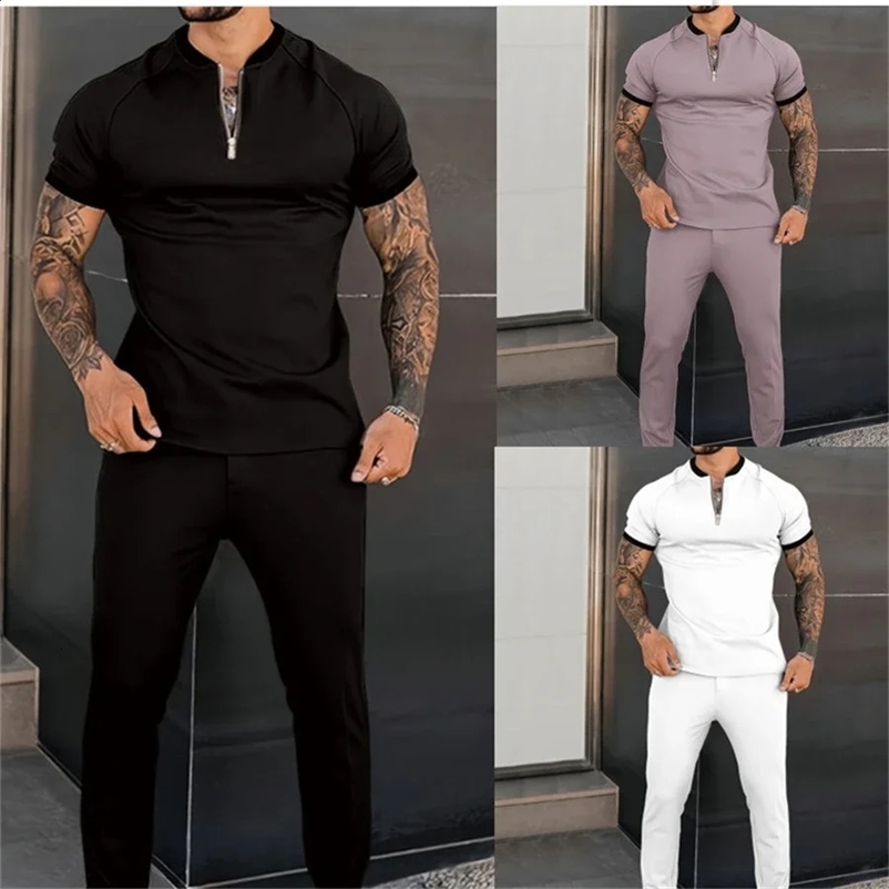 Mens Short sleeved Zipper Polo Shirt Street T-shirt Two piece Casual Sportswear Ropa Hombre 240930
