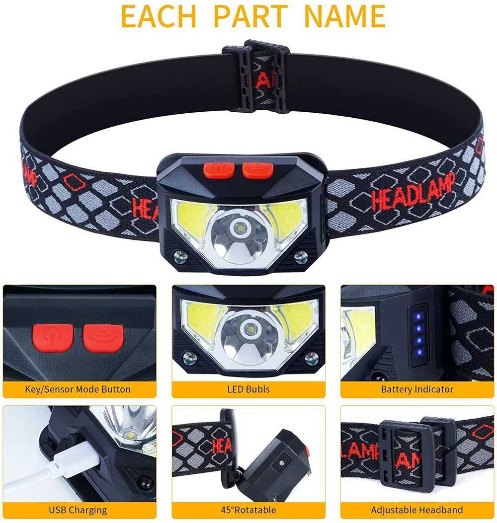 8 Modes Motion Sensor XPECOB LED Headlamp Flashlight USB Rechargeable Waterproof Camping Head lamp Running Fishing headlight J2509251