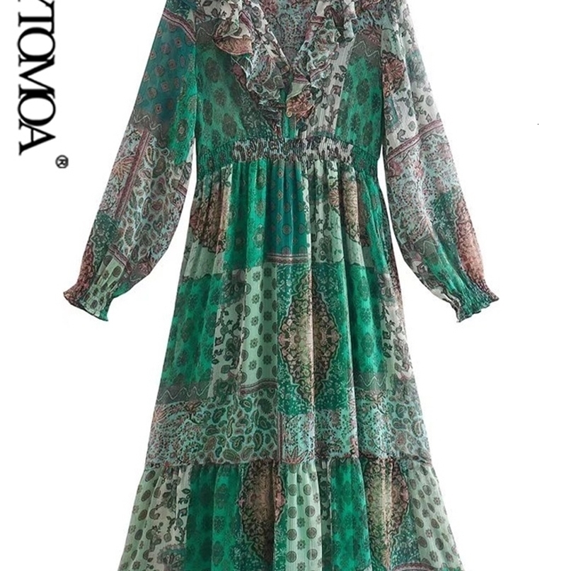 Women Fashion With Ruffles Patchwork Printed Midi Dress Vintage Long Sleeve Elastic Waist Female Dresses Vestidos Mujer 220526