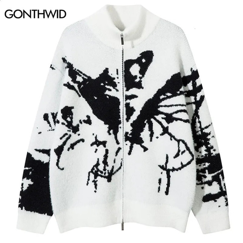 Mens oversized sweater cardigan wool Y2K retro knitted graffiti butterfly zipper jumping hiphop loose double punk gothic jacket 240826
