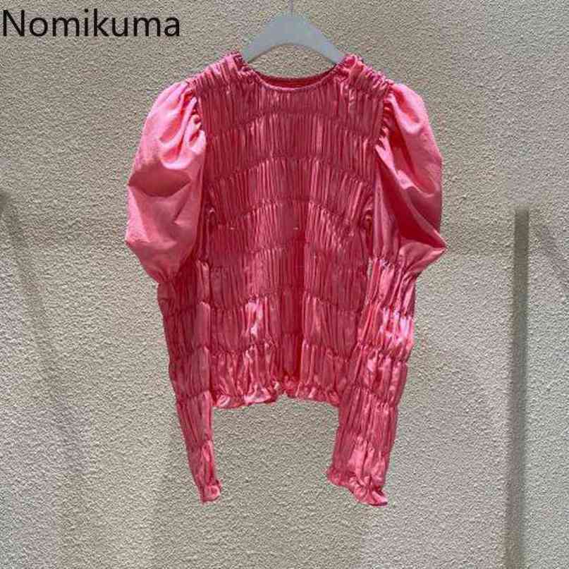 Nomikuma Korean Pleated Stretch Slim Women Blouse Top Vintage Puff Long Sleeve O-neck Shirt Autumn New Blusas Mujer 6C595 210427